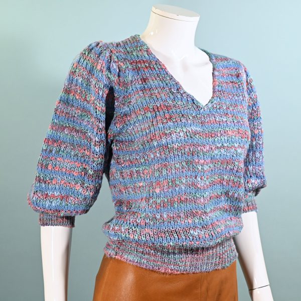 Vintage 70s Blue Variegated Knit Pullover Sweater Top, Puff Sleeves M For Sale