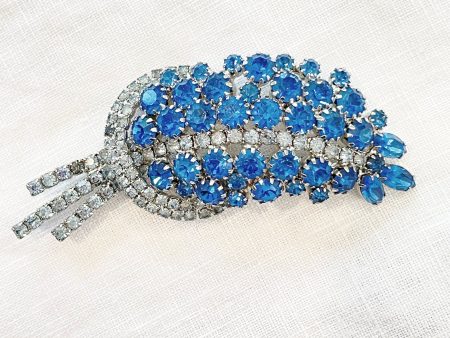 Vintage Blue Rhinestone Spray Brooch, MCM Costume Jewelry on Sale