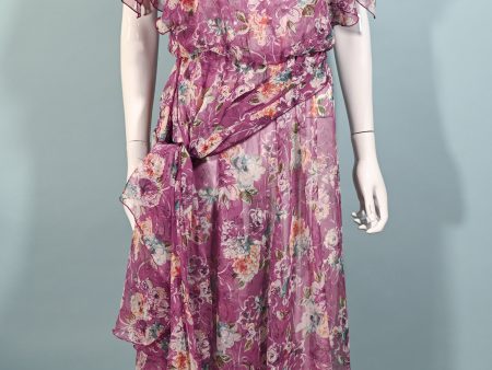 Vintage 70s Pink Floral Midi Dress, Asymmetrical Handkerchief Hem S M Online Hot Sale