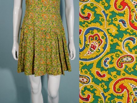 Vintage 1960s Mod Paisley Mini Dress Sleeveless Pleated Skirt Hot on Sale