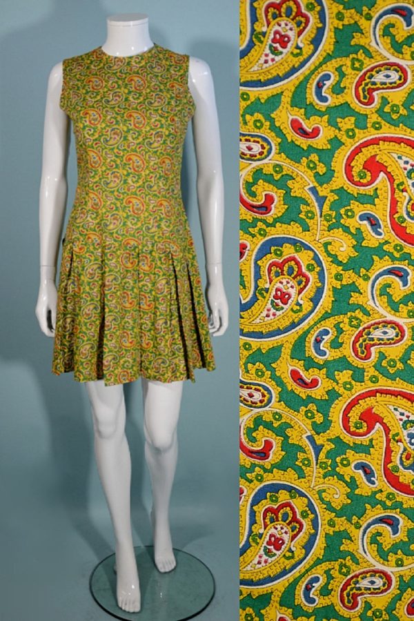 Vintage 1960s Mod Paisley Mini Dress Sleeveless Pleated Skirt Hot on Sale