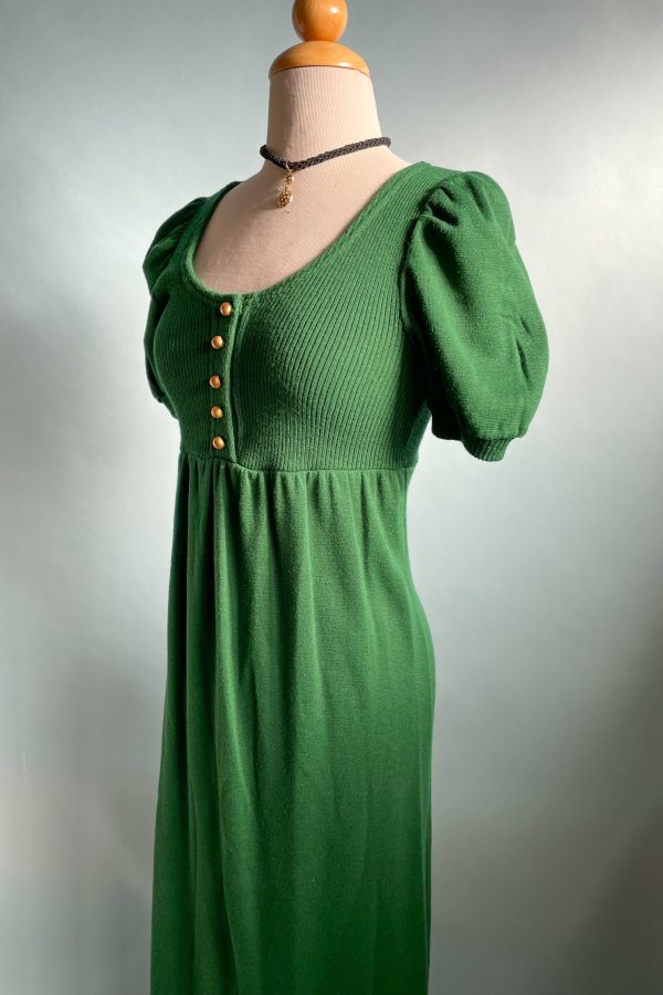 Vintage 60s Kelly Green Knit Maxi Dress, Puff Sleeve Mod Dress XS S Hot on Sale