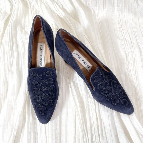 Evan Picone Navy Blue Suede Shoes, Cord Trim Louis Heel SZ 8.5 Sale