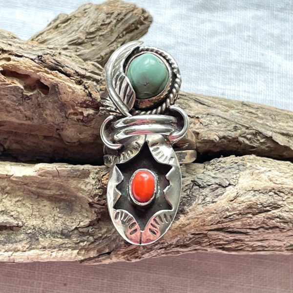 Vintage Navajo Native American Ring, Silver Turquoise Coral Signed JT Online now