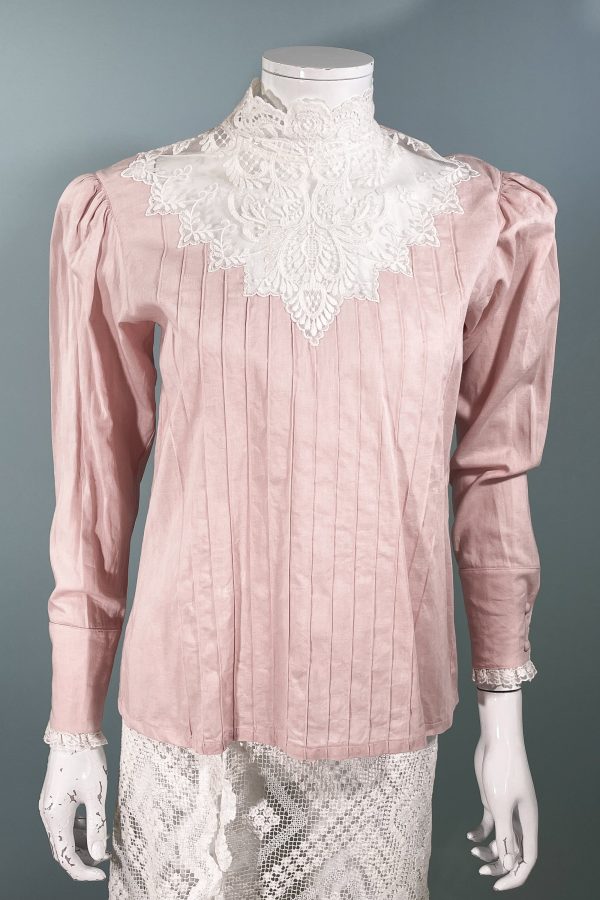 JG Hook Pink Vintage Victorian Style Granny Linen Lace Blouse SZ 6 Petite Online Sale