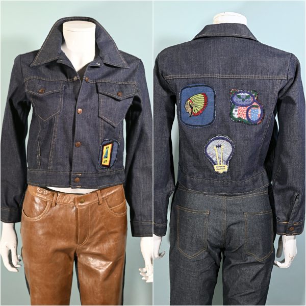 Vintage 60s 70s Denim Jacket w Patches, Montgomery Ward Junior Sizing XS S For Cheap