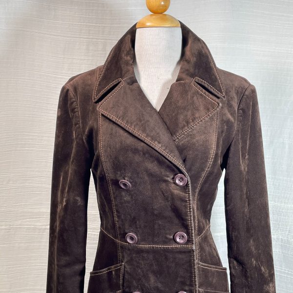 Vintage Mod 60s Brown Velvet Outerwear Jacket, Double Breasted Fitted Mini Coat Jacket 36 XS Online Sale