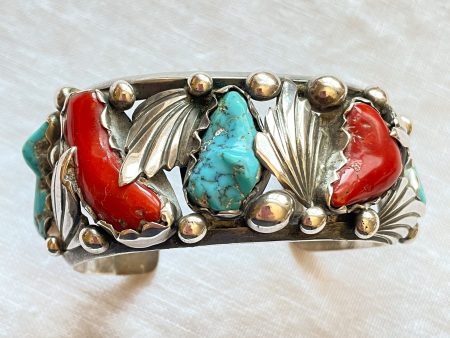 Dan Simplicio Vintage Sterling Turquoise Coral Statement Cuff Bracelet Hot on Sale