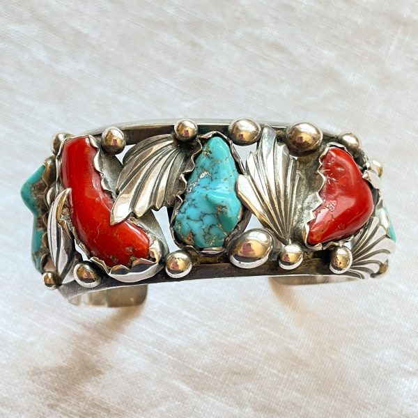 Dan Simplicio Vintage Sterling Turquoise Coral Statement Cuff Bracelet Hot on Sale