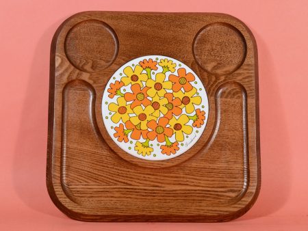 Vintage 70s Wood + Floral Ceramic Tile Serving Tray, Mid Century Cheese or Veg Platter by Goodwood Cheap