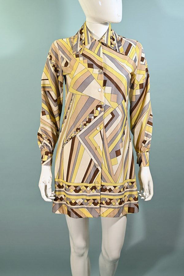 Vintage 60s Geometric Pattern Mini Dress, Large Pointed Collar XS S Sale