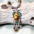 Vintage Sterling Silver Pendant Necklace, 925 Silver Tiger Eye Malachite Hand Carved Stone Mayan Aztec Face Taxco Mexico on Sale