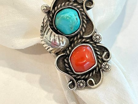 Vintage Native American Navajo Ring, Silver Turquoise Coral SZ 7 on Sale