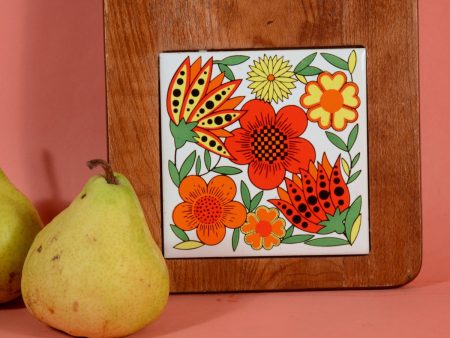 Vintage 70s Wood Serving Platter + Floral Ceramic Tile, Mid Century Modern Online now