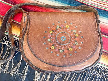 Vintage Hand Tooled Painted Leather Flowers Handbag, Inscribed Cheryl For Discount