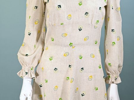 Vintage 60s 70s Linen Mini Dress, Geometric Print M Supply