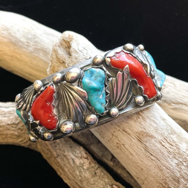 Dan Simplicio Vintage Sterling Turquoise Coral Statement Cuff Bracelet Hot on Sale