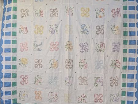 Vintage Hand Made Coverlet Embroidered Flower Squares, Lightweight Cottagecore Quilt 75 1 2  x 70  Supply