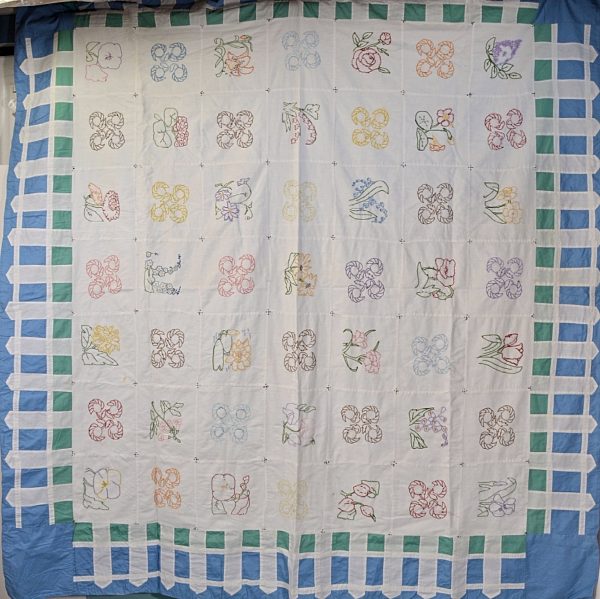 Vintage Hand Made Coverlet Embroidered Flower Squares, Lightweight Cottagecore Quilt 75 1 2  x 70  Supply