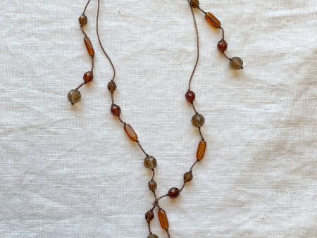 Vintage 90s Handmade Glass Crystal Bead Necklace, Hand Knotted Lariat Minimalist Necklace Fashion