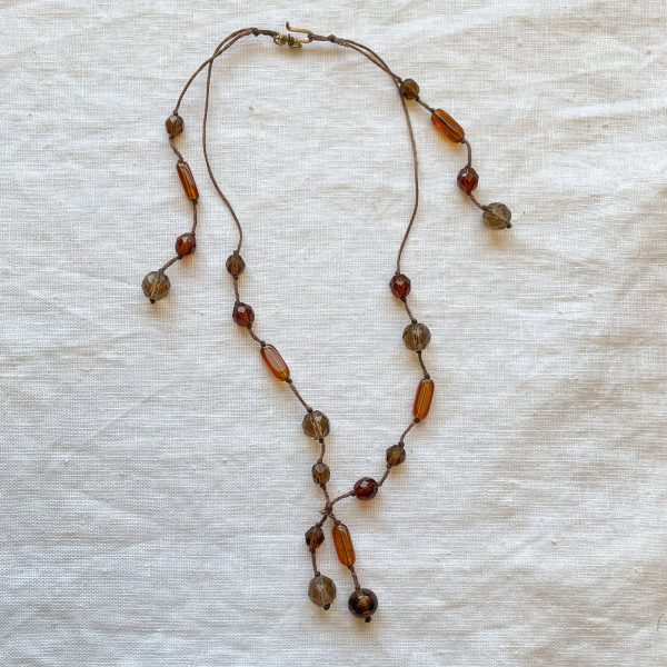 Vintage 90s Handmade Glass Crystal Bead Necklace, Hand Knotted Lariat Minimalist Necklace Fashion