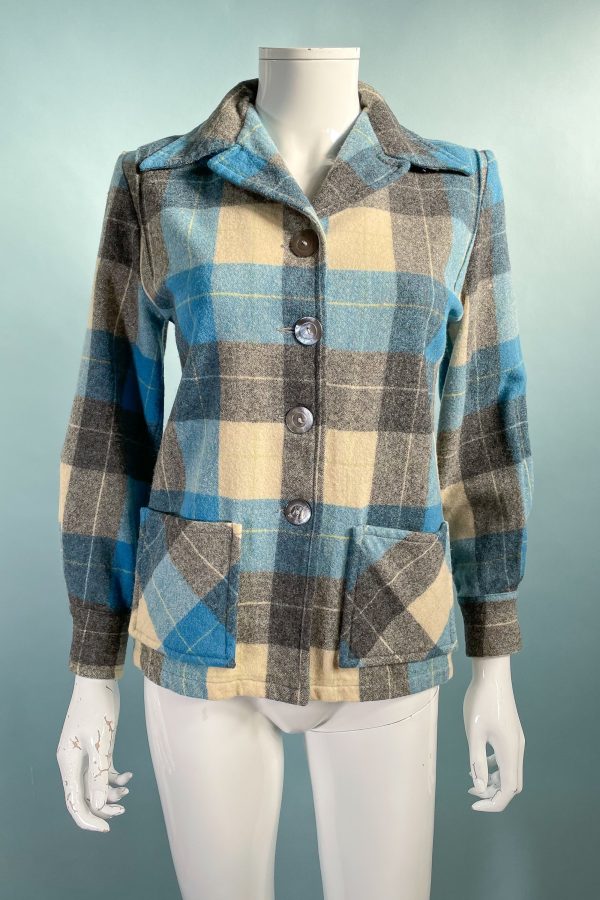 Vintage 40s 50s Wool 49er Jacket, Blue Cream Grey Plaid XS P Online now