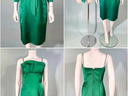 Vintage Saks Fifth Avenue Green Silk Cocktail Dress Jacket Set S Discount