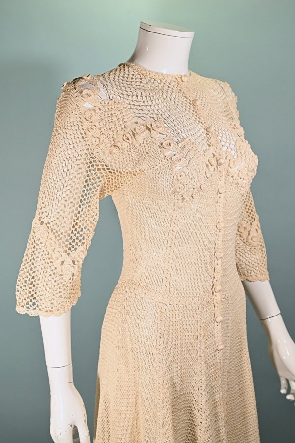 Vintage 1930s Cream Crochet Dress, Cottagecore Wedding XS S Online Hot Sale