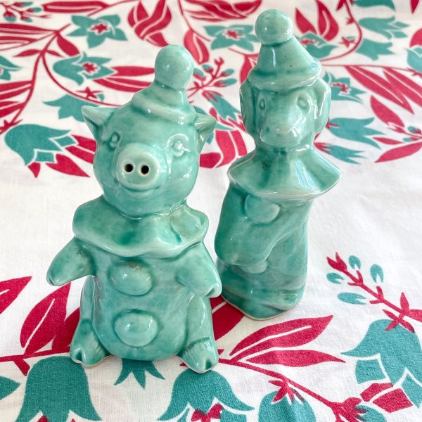 Vintage Aqua Ceramic Salt Pepper Shaker Set, Pig and Dog Clowns, Kitsch Kitchen Decor For Sale