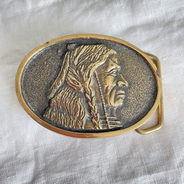 Vintage 70s Solid Brass Native American Indian Belt Buckle, BTS Cheap