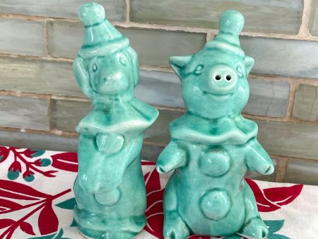 Vintage Aqua Ceramic Salt Pepper Shaker Set, Pig and Dog Clowns, Kitsch Kitchen Decor For Sale