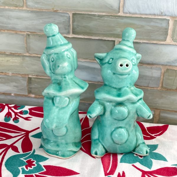 Vintage Aqua Ceramic Salt Pepper Shaker Set, Pig and Dog Clowns, Kitsch Kitchen Decor For Sale