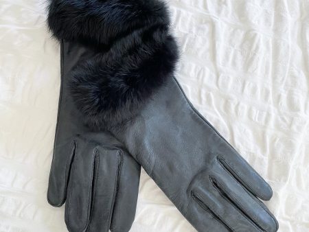 Grandoe Black Kid Leather & Rabbit Trim Gloves SZ M Sale