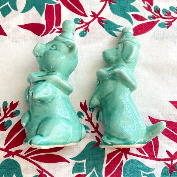 Vintage Aqua Ceramic Salt Pepper Shaker Set, Pig and Dog Clowns, Kitsch Kitchen Decor For Sale