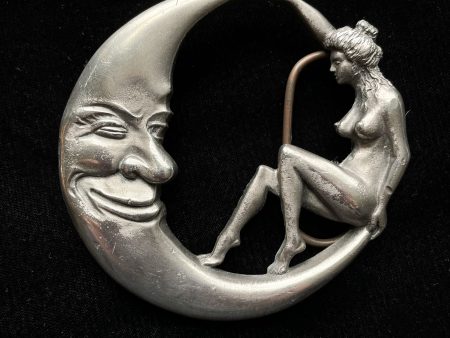 SOLD Vintage Man in The Moon Naked Woman Belt Buckle, Pewter Naughty Novelty Buckle #A Hot on Sale