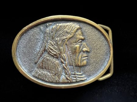 Vintage 70s Solid Brass Native American Indian Belt Buckle, BTS Cheap