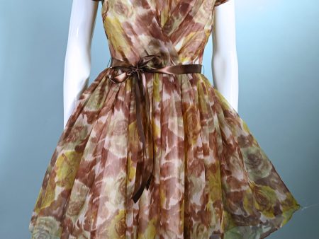 Carol Robins Vintage 60s Fit & Flare Party Dress, Browns Greens Watercolor Print XS S 24  W For Cheap