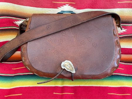 Vintage Stamped Leather Shoulder Bag w Antler Bead Closure, Hippie Era Bag Discount