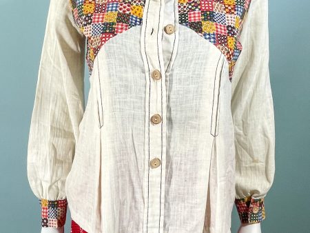 Vintage 70s Faux Patchwork Blouse, 60s Hippie Blouse Top For Discount