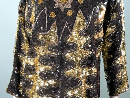 Vintage 70s Gold Black Sequin Beaded Top w Stars, Celestial Star Party Disco Top S Online