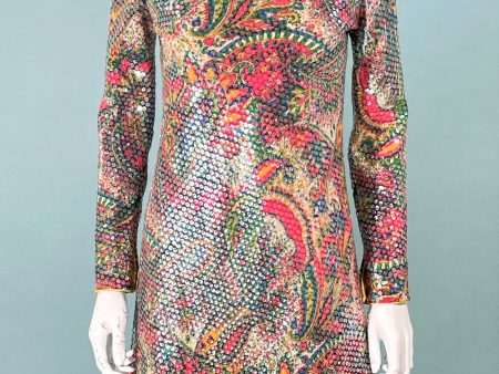 Leo Narducci Vintage 60s Paisley Print Sparkle Dress, Mod Sequin Party Dress XS S Cheap