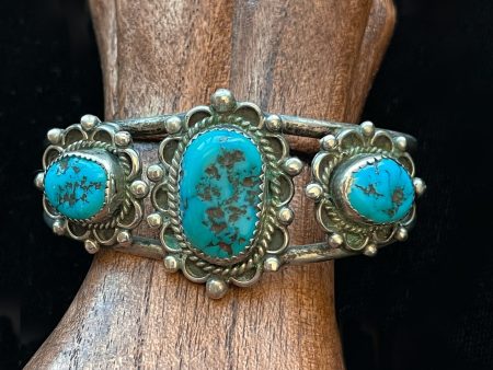 Vintage Old Pawn Kingman Nugget Turquoise Bracelet, Navajo Sterling Silver Cuff Signed  SF Discount