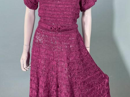 Vintage 40s Cranberry Red Ribbon Dress + Belt, Crochet Knit Ribbon Dress S Hot on Sale