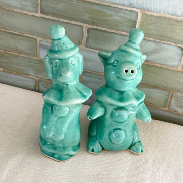 Vintage Aqua Ceramic Salt Pepper Shaker Set, Pig and Dog Clowns, Kitsch Kitchen Decor For Sale