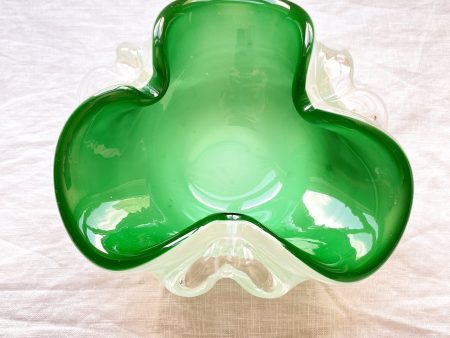 Vintage MCM Blown Glass Ashtray Small Bowl, Green White Collectible Art Glass Sale