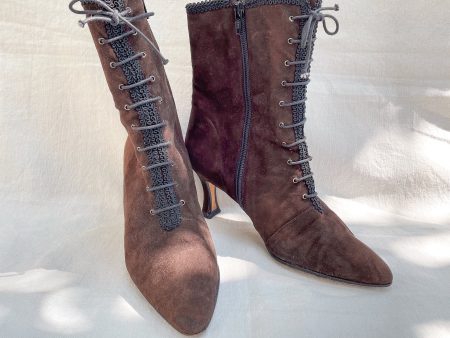 Vintage Brown Suede Granny Ankle Boots, Lace Up Grunge Victorian Style Boots 6.5 on Sale