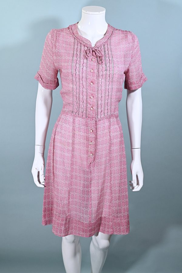 Vintage 40s Pink Sheer Print Dress Pearl Buttons, 27 In Waist For Cheap